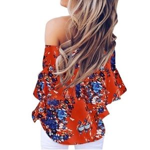 Front tie knot, half bell sleeve blouse red and blue